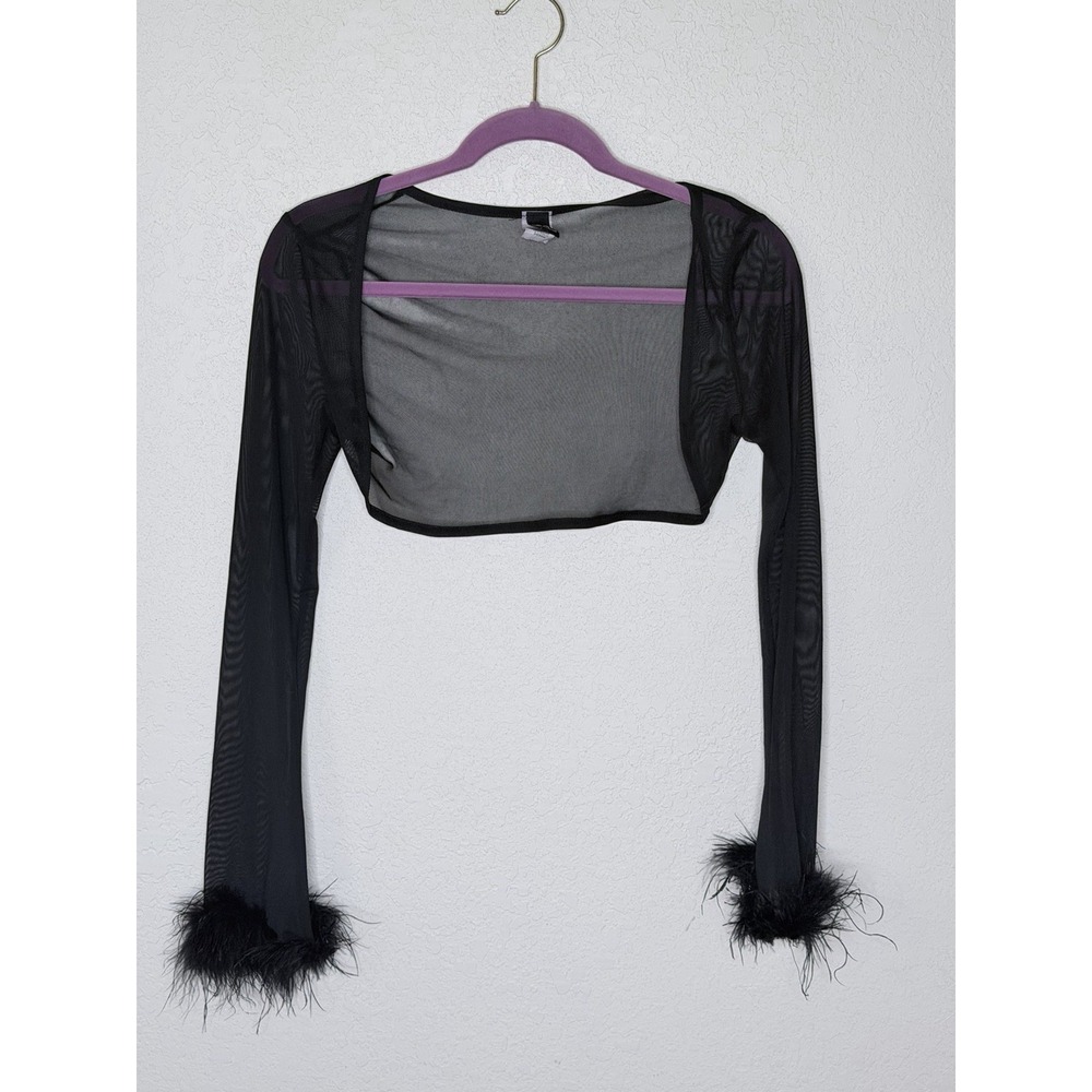 Sheer Mesh Feather Bolero Top Womens S Black Open Top Jacket Cropped